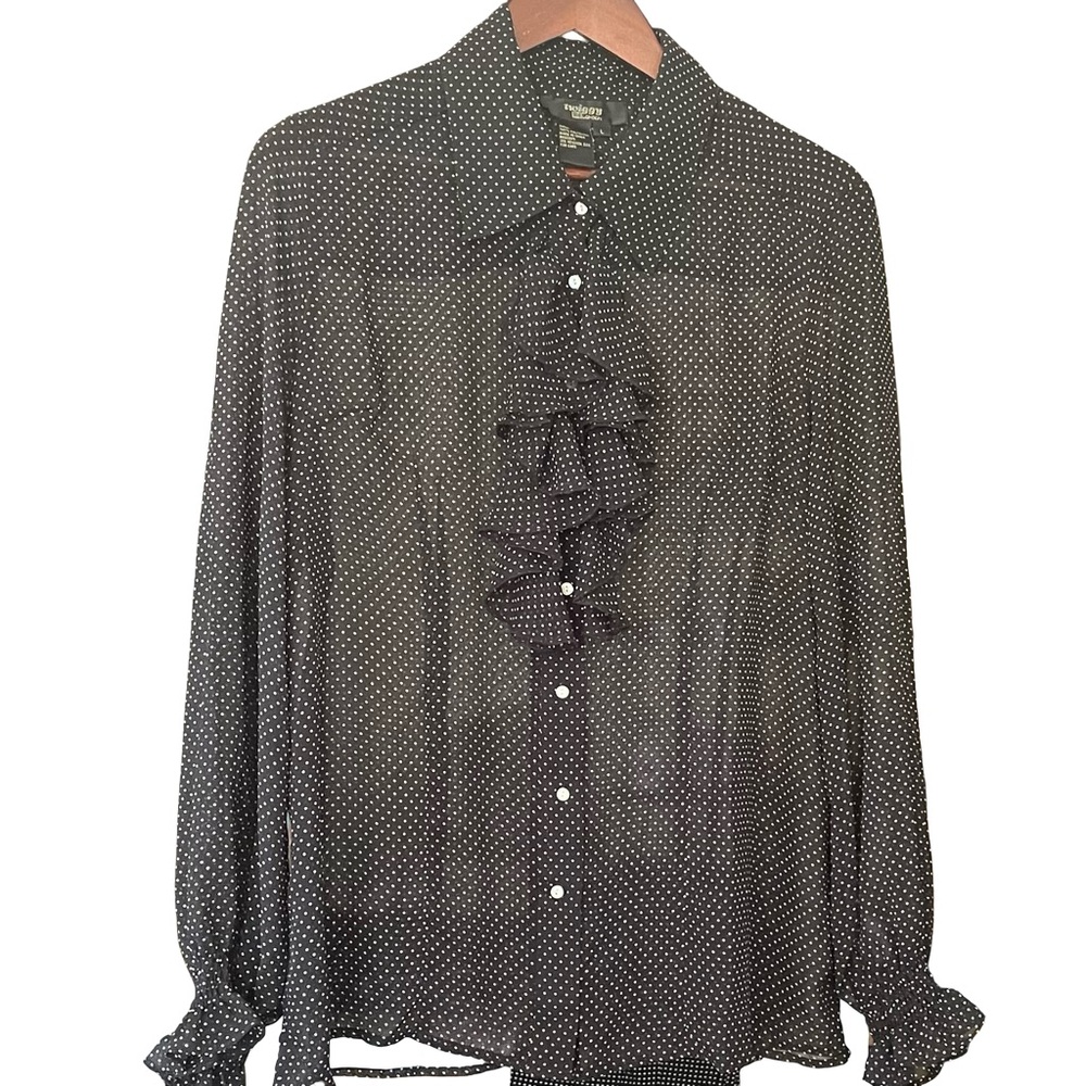 Twiggy London Sheer Polka Dot Blouse with Front Ruffle – Size L